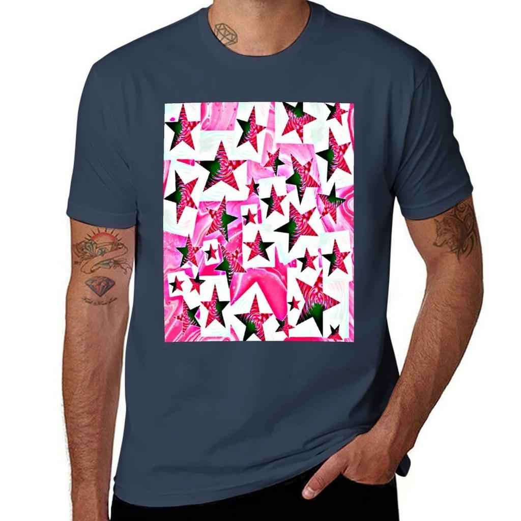 Watery Star Pattern Mixture Pink And Green Swirldigital Art Tshirt Basic Plain Short Sleeve Crew Neck Tee Tshirt