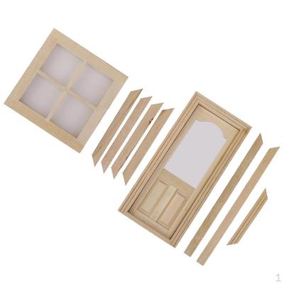 2 Sets of Wood 4 Pane Windows + Inner Door with DollHouse Miniature 1:12