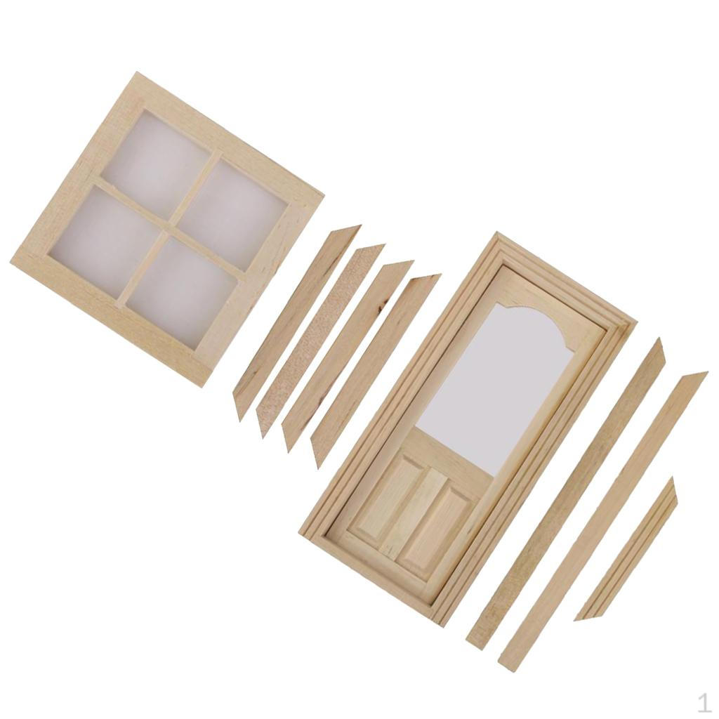 

2 комплекта деревянных окон с 4 створками + внутренняя дверь с миниатюрным кукольным домиком 1:12