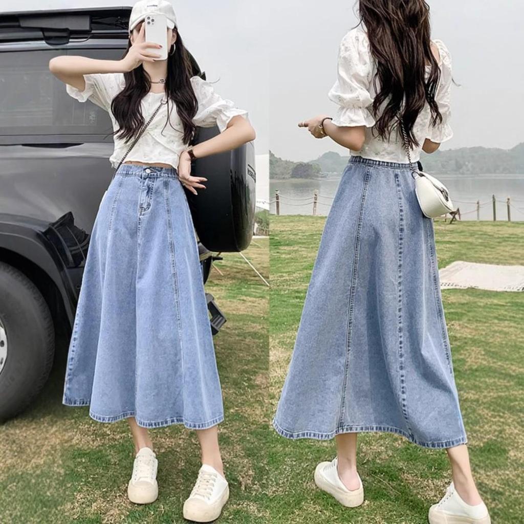 Women's High Waist A-Line Denim Midi Skirt - Slim, Fashionable, and Loose Big Swing Style for Summer