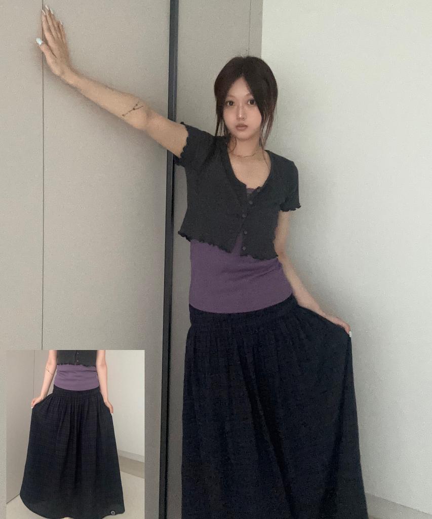 Plasma Sphere Smoke Shirred Check Ribbon Low-Rise Maxi Skirt_Navy