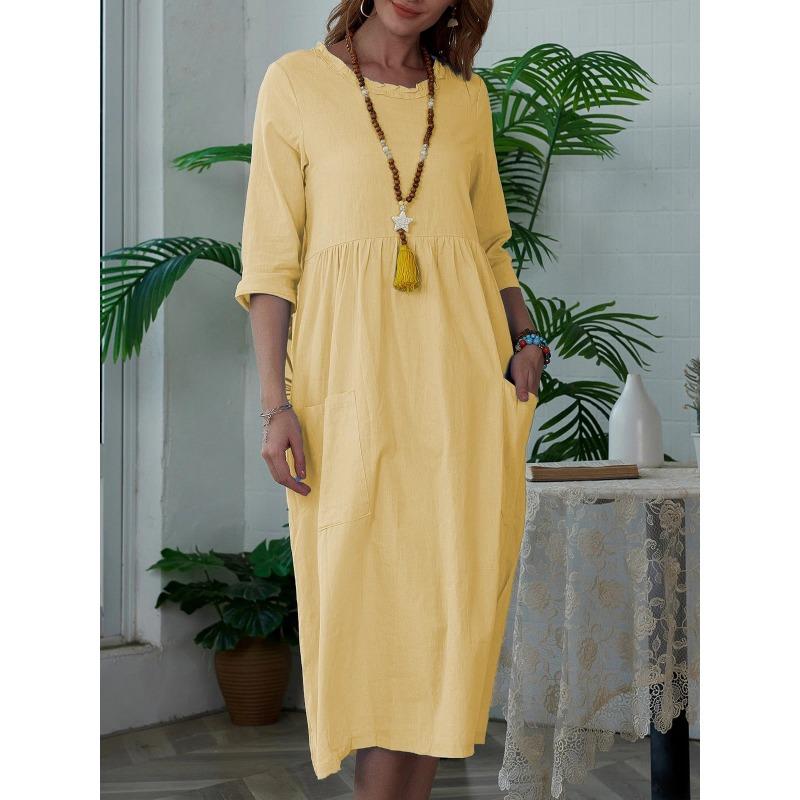 Women's Fashion Summer Spring Solid Color Print 1/2 Sleeves O-Neck High Waist Casual Dresses