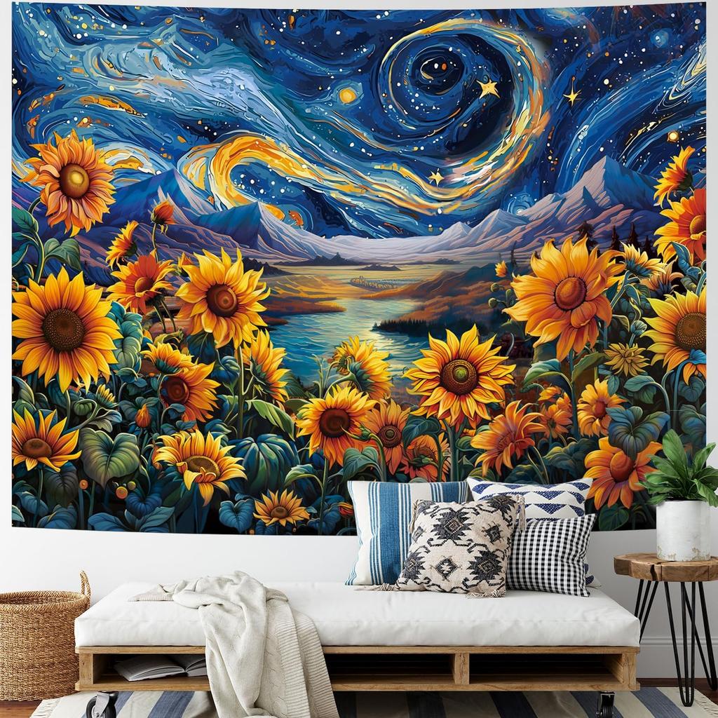 Yuiqear Sunflower Starry Sky Tapestry Galaxy Space Tapestries Mysterious Mountain River Wall Decor Fantasy Landscape Tapestry for Bedroom