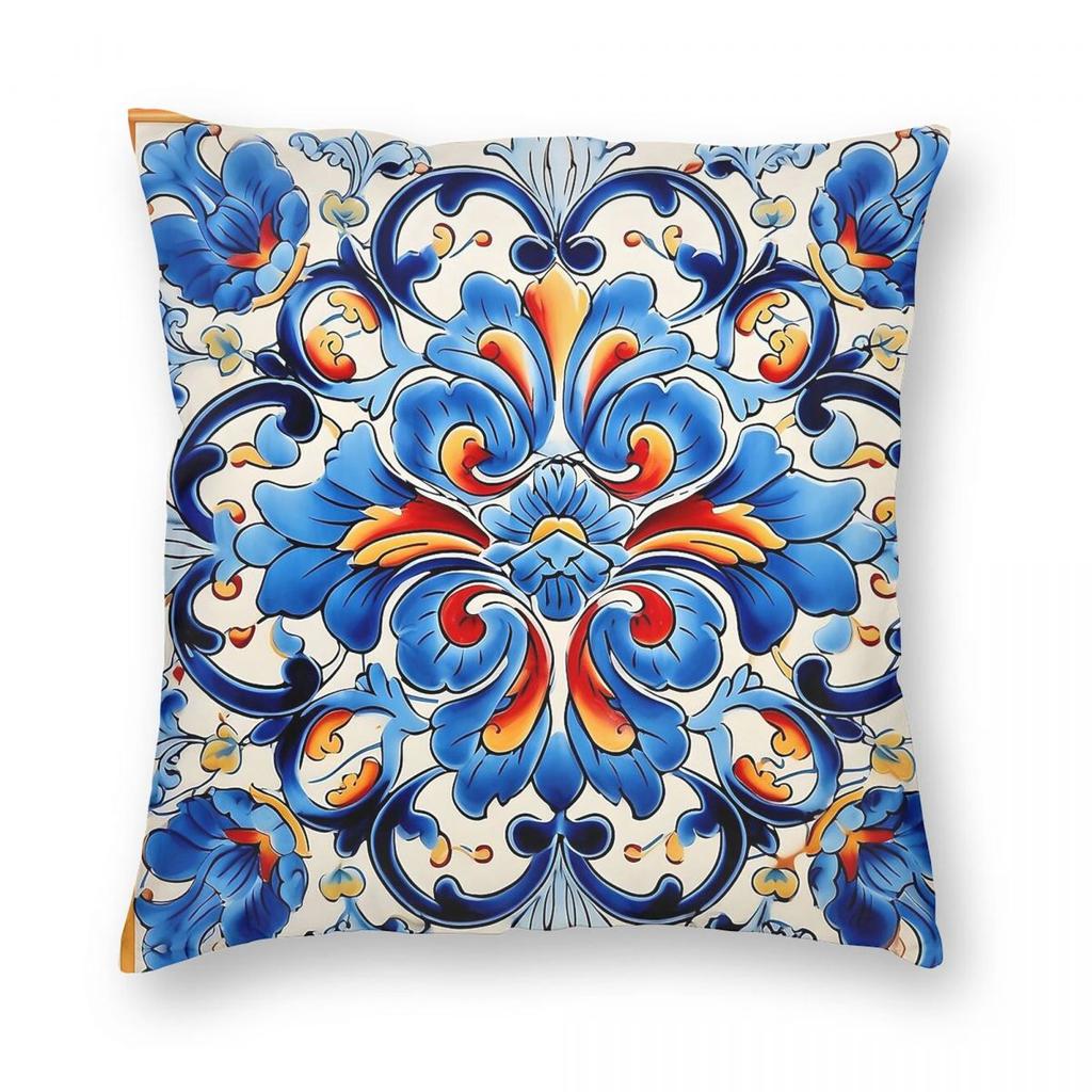 Spanish Ceramic Tile Square Pillowcase Polyester Linen Velvet Pattern Zip Decorative Pillow Case Home Cushion Cover x