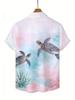 Men's Watercolor Sea Turtle Short-Sleeve Shirt, Hawaiian Style, All-Over Ocean Coral and Sea Turtle Print, Loose Fit Top, Suitable for Beach,