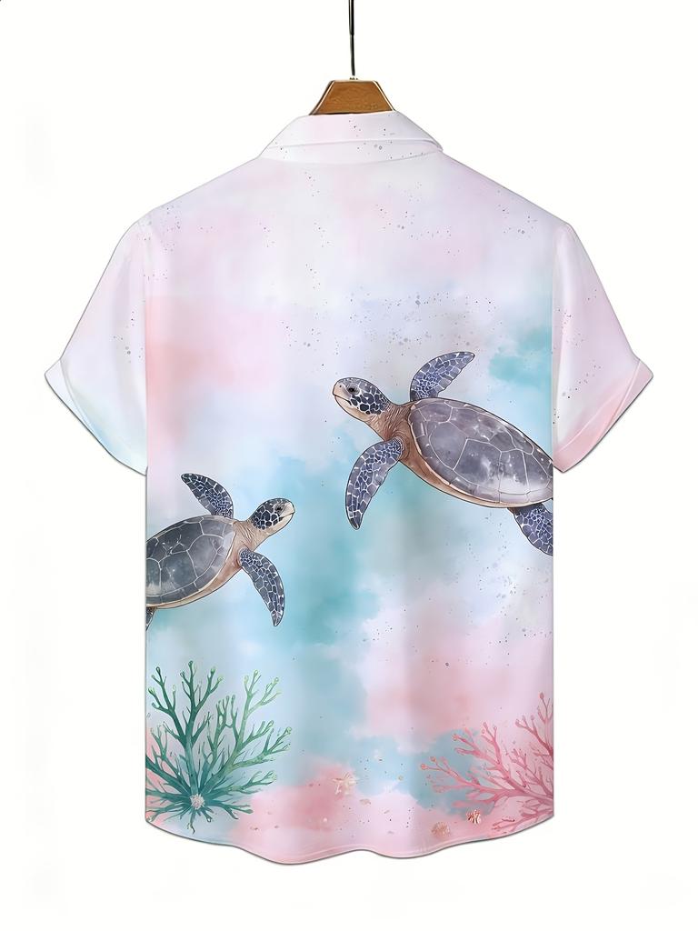 Men's Watercolor Sea Turtle Short-Sleeve Shirt, Hawaiian Style, All-Over Ocean Coral and Sea Turtle Print, Loose Fit Top, Suitable for Beach,