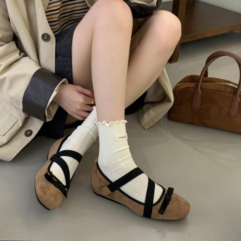 Square head cross strap French Mary Jane women's shoes 2025 ballet shoes bow platform shallow mouth single shoes