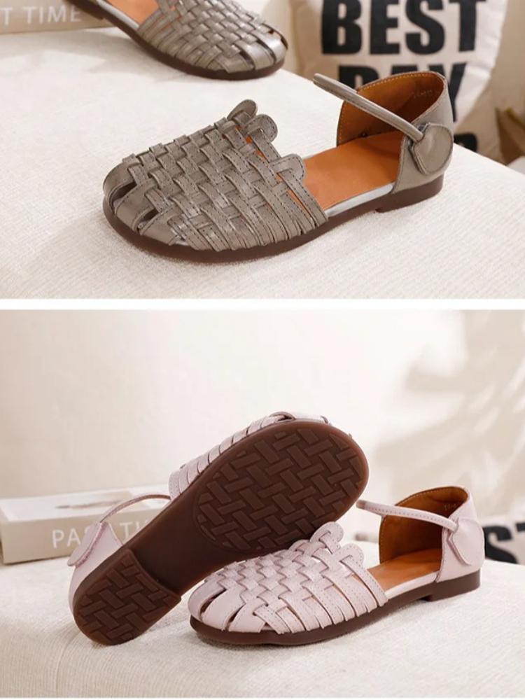 Johnature Hand Woven Cowhide Flat Sandals Retro Genuine Leather Round Toe Soft Soled Women's Shoes