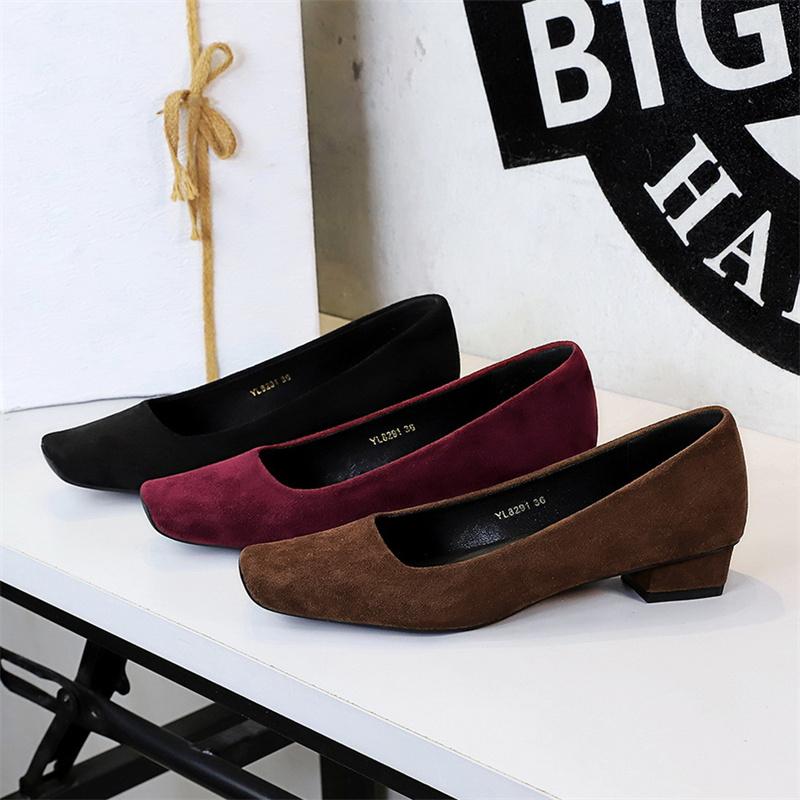 Fashion Comfortable Elegant Square Toe Shallow Mouth Simple Plain Suede Pedicure Women Thick Heel Low Heel Professional Ol Single Shoes