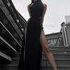 Goth Dark Cosplay Hoher Schlitz Sexy Bandage Damenkleider Y2K Mall Gothic Neckholder Slim Midi Kleid Schwarz Grunge Stil Alt Partykleidung
