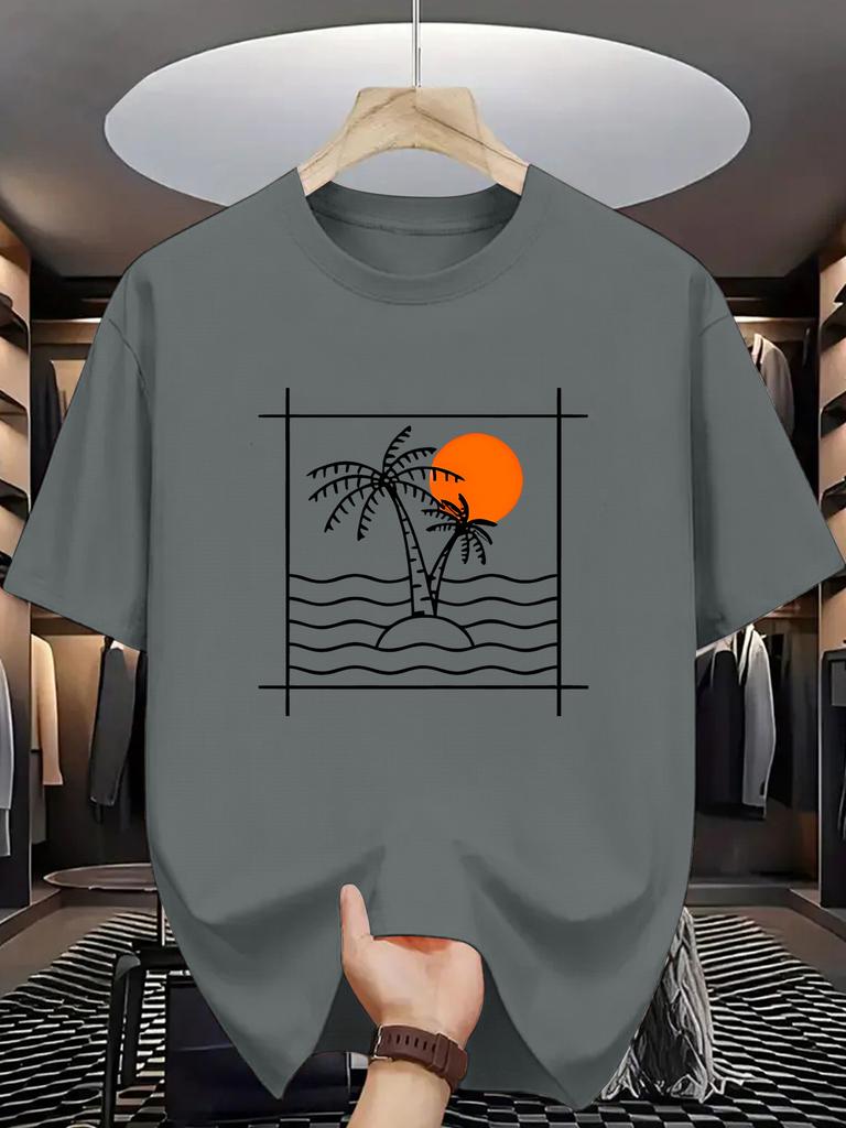 Unisex White Tee Tropical Island Palm Sunset Line Graphic Print Crew Neck Short Sleeve Summer Casual Male Cotton Street Top