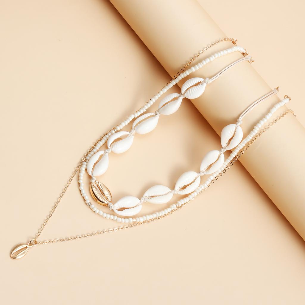 Lanț Claviculă Accesorii Stratificate Femei, Colier Boem cu Pandantiv Scoică cu Mărgele de Orez