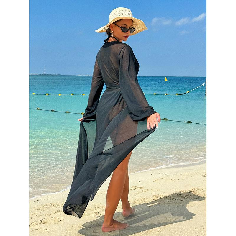 Women Bikini Cover-ups Solid Color Mesh Sheer Beach Long Dress See Through Sexy Swimwear Cover Up Summer