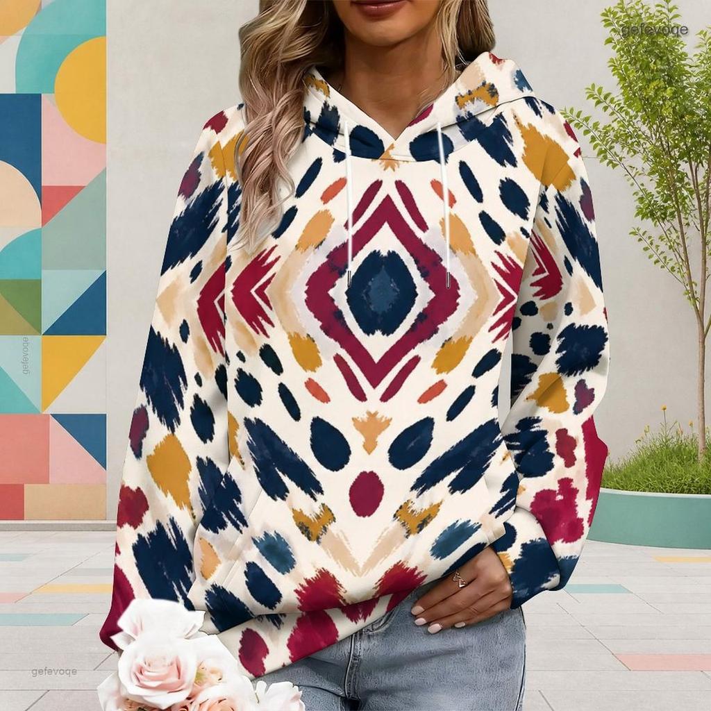 Women Plus Size Abstract Watercolor Printed Long Sleeve Drawstring Hoodie With Kangaroo Pocket