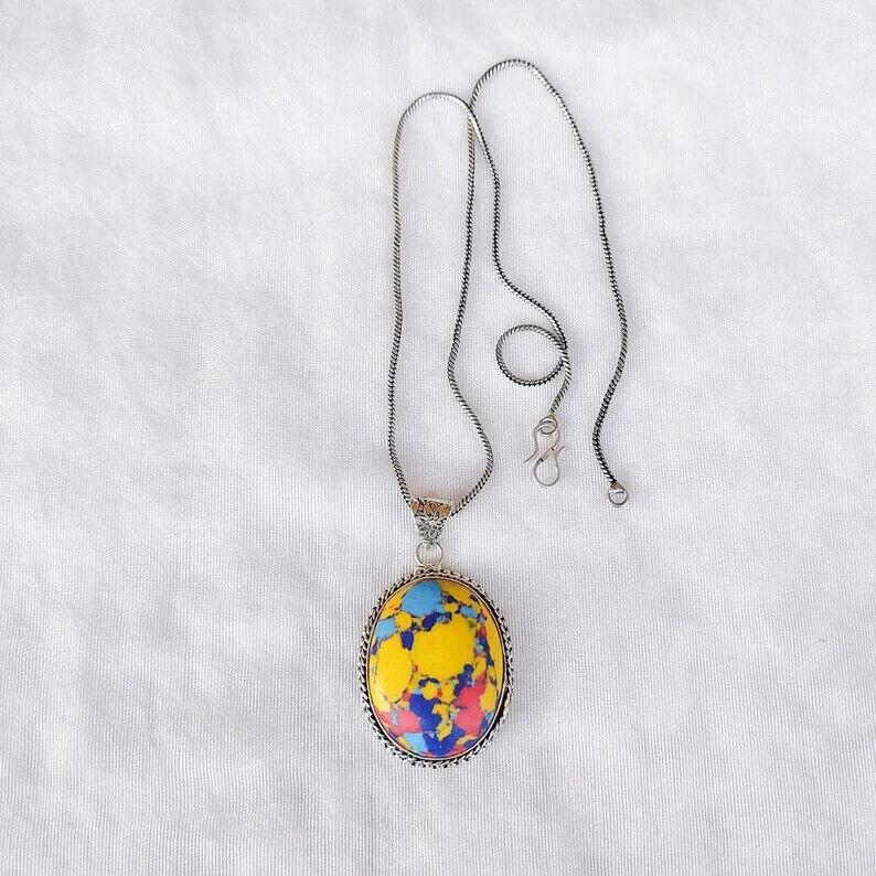 Ciondolo in Diaspro Mosaico, Ciondolo in Argento 925, Ciondolo in Diaspro Multicolor