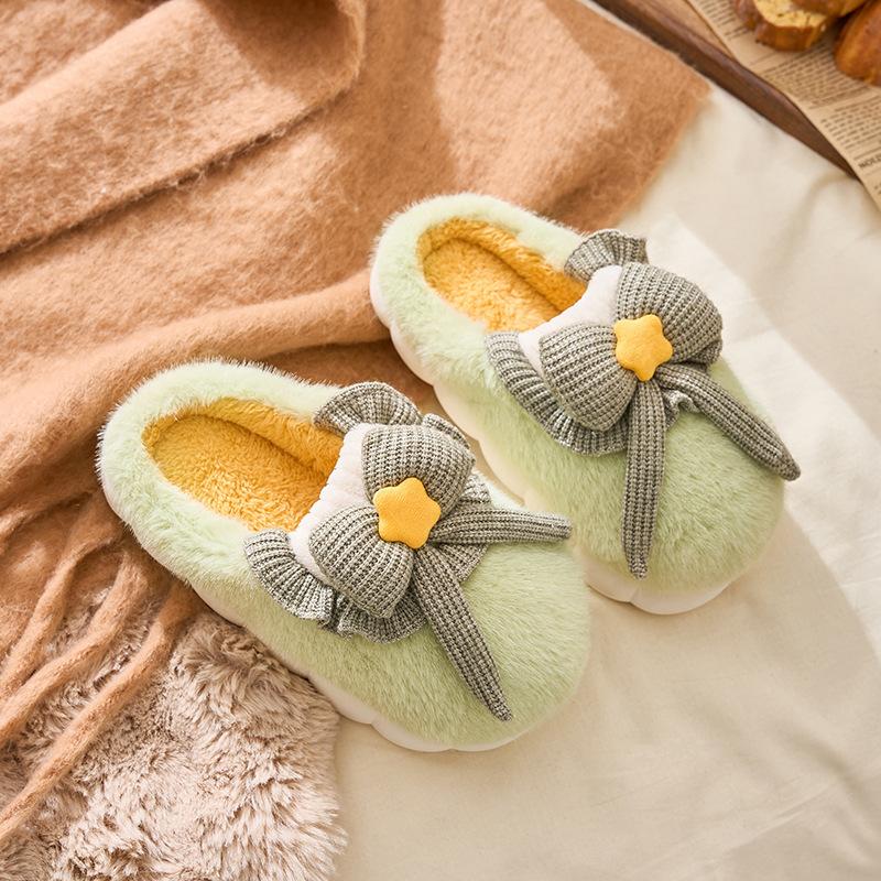 Bow Cotton Slippers New Four Seasons Indoor Floor Non-slip External Wear Warm and Comfortable Cotton Shoes Winter