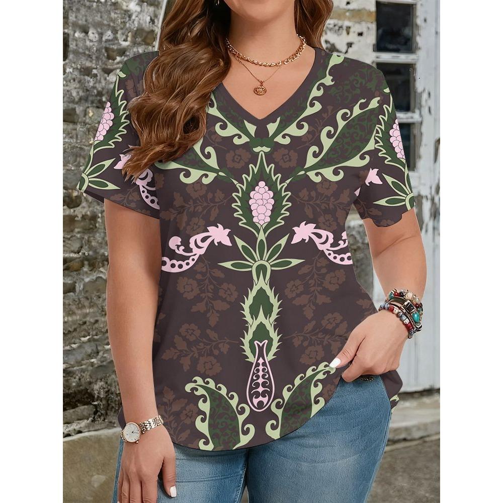 Summer Ethnic Style Floral 3D Print T-Shirts Women's V-Neck Short Sleeve T Shirt Y2k Harajuku Tees Casual Tops Female Clothing