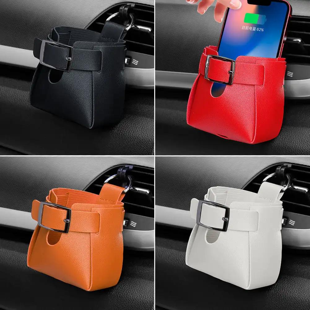 Car Air Outlet Leather Pouch Storage Bag Clip Hooks Auto Interior Box Organizer Phone Holder Car Air Vent Pouch Car Accessories