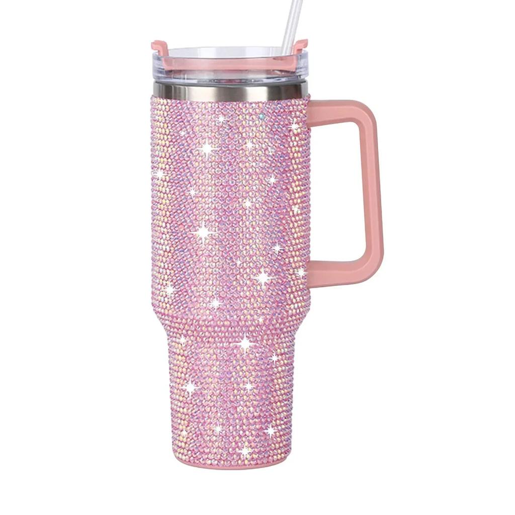 Diamond-encrusted Diamond Thermo Silver Water Cup Starbucks Cup Car Handle Cup 304 Steel Office Home