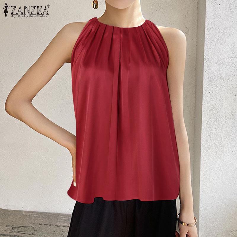 

ZANZEA Повседневные женские плиссированные топы без рукавов с круглым вырезом