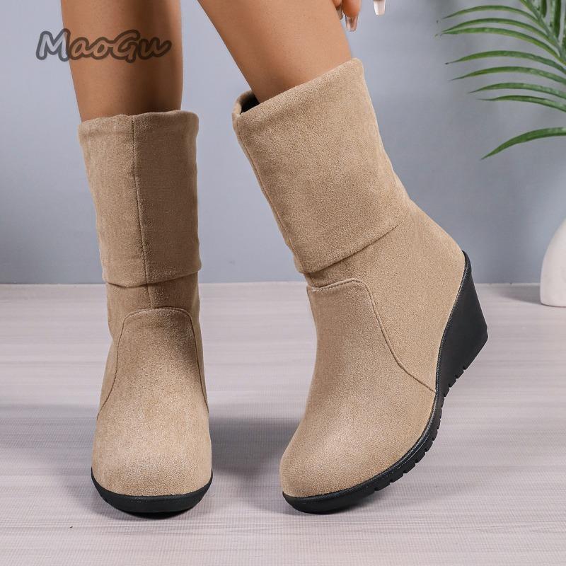 Fashion Women's Round Toe Short Boots Autumn Winter New Leopard Slip-On Ankle Booties Pleated Wedge Botines Para Mujeres Size 35-40