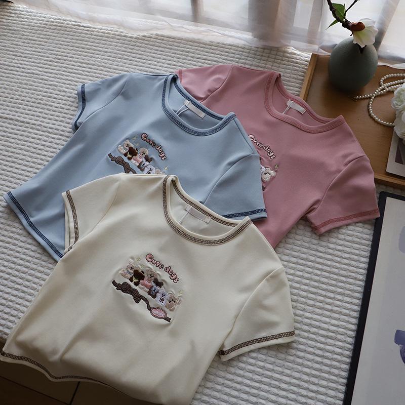 2025 Korean Style Cartoon Embroidered Slim Fit Cute Short Sleeve T-Shirt for Women