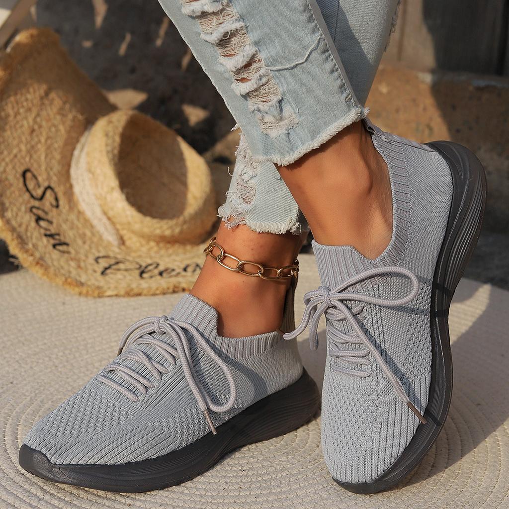 Spring New Casual Sports Single Shoes Large Size Fashionable Thick Sole Solid Color Front Lace-up Flying Weaving Women