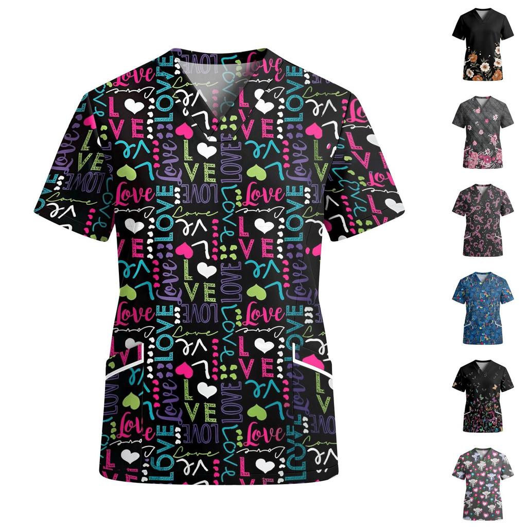 Women’s V Neck Short Sleeve Printed Work Top with Pockets Cute Animal and Heart Pattern Comfortable Fit Scrub Shirt