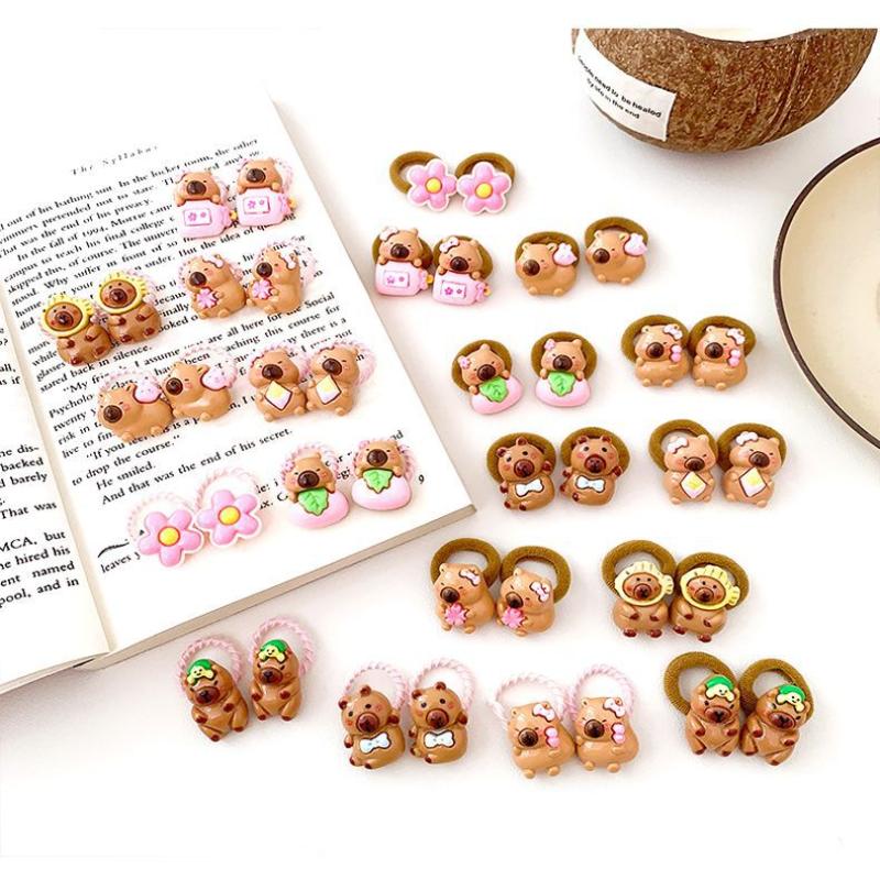 10Pcs Cute Capybara Hair Rope High Elasticity Twist Leather Band Cartoon Capybara Hanging Beads Headband Hair Accessories