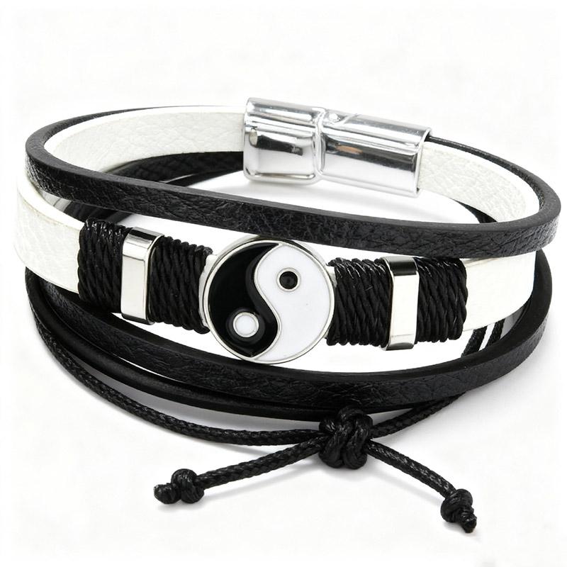Yin Yang Bracelet Double-Layer Leather & Rope Wristband Clasp Black/White Zen Balance for Men Women Daily Gift Accessory