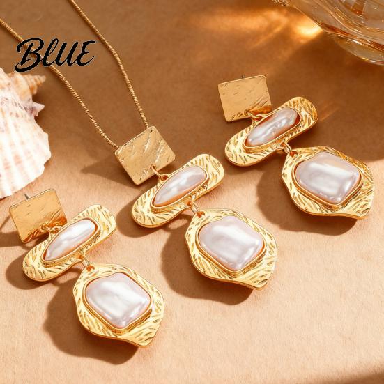 Faux Pearl Earrings Jewelry Set Metallic Texture Double-Layered Necklace