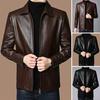 Men Jacket Faux Leather Solid Color Stand Collar Smooth Thick Warm Long Sleeve Zipper Neck Protection Motorcycle Windproof Cool Autumn Winter Jacket