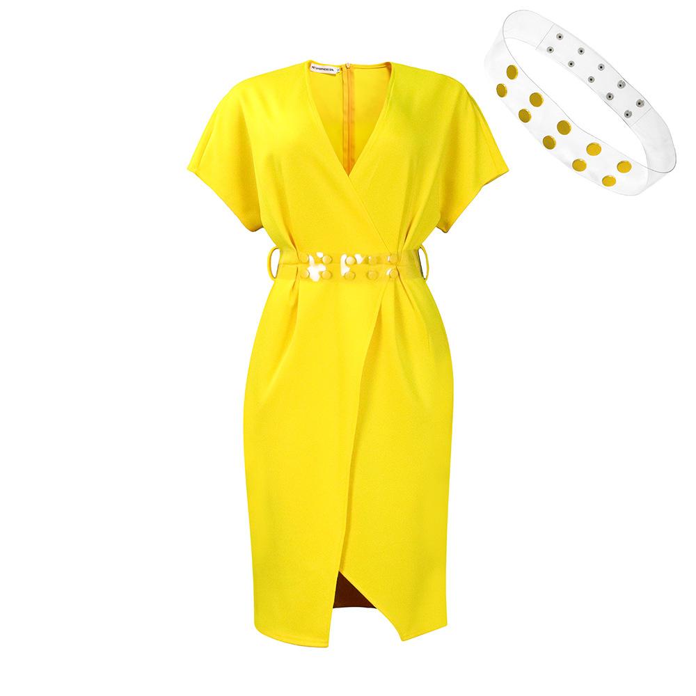 Large Size Women Summer Fashion Solid Dress Ladies Sexy One Piece V Neck Slit Dress with Belt