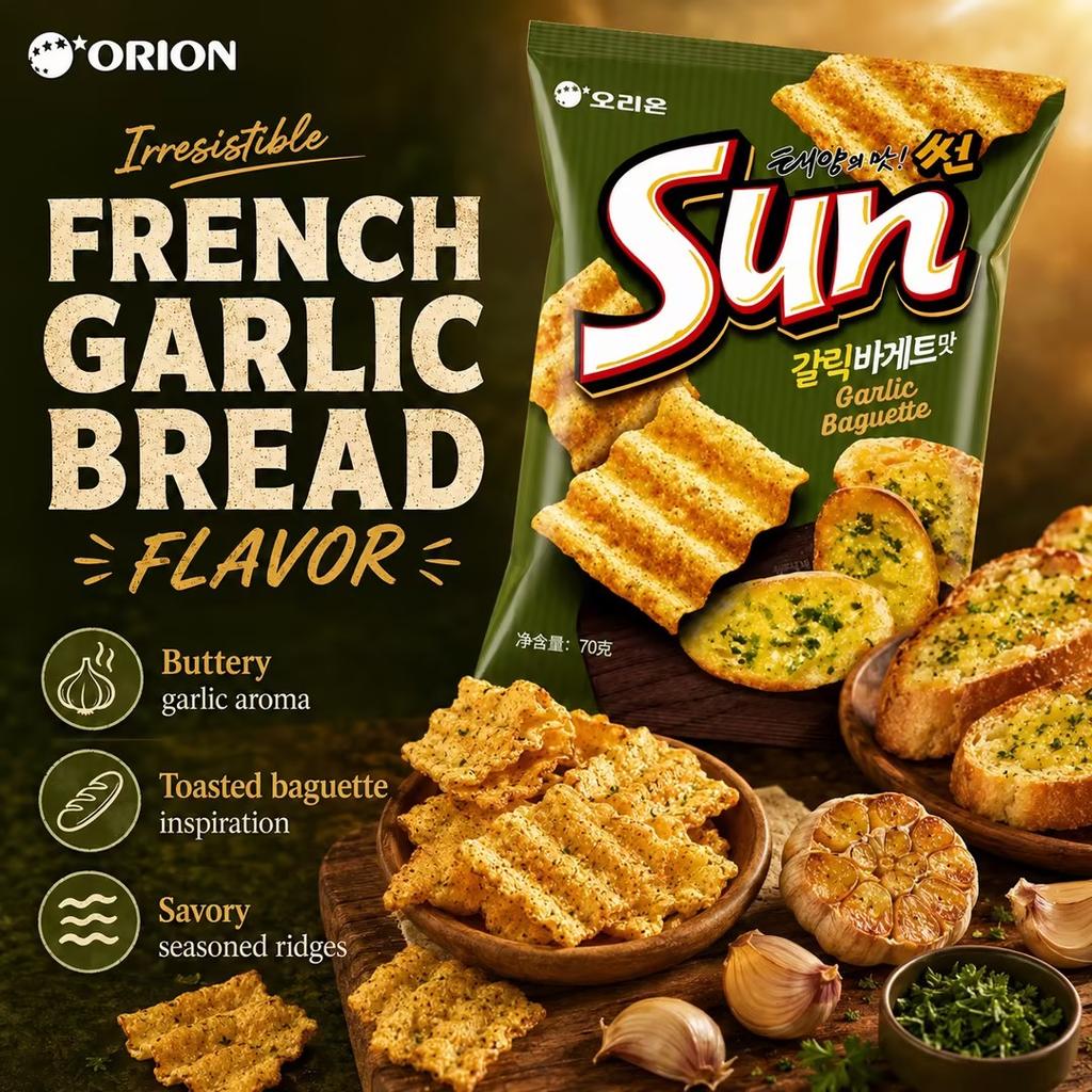Orion Wavy Corn Chips French Garlic Bread Flavor 70g french‑garlic‑flavor crispy corn snacks