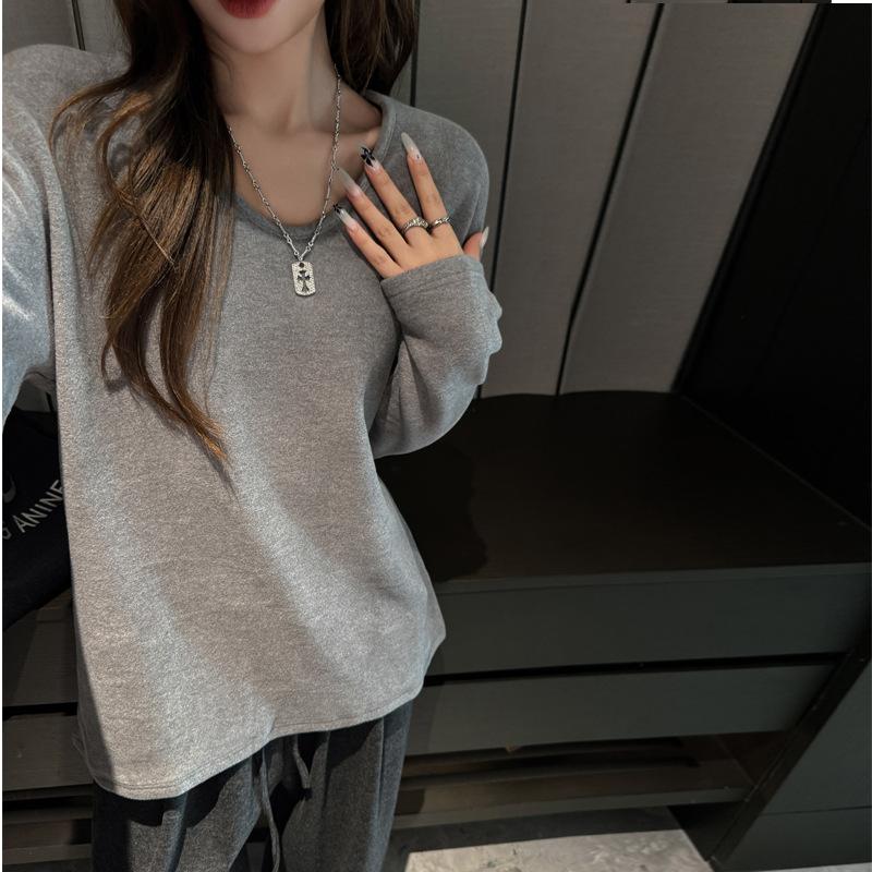 

Solid Color Loose Casual V-neck Long-sleeved T-shirt Women s Autumn Winter Velvet Thickened Top S сірий колір