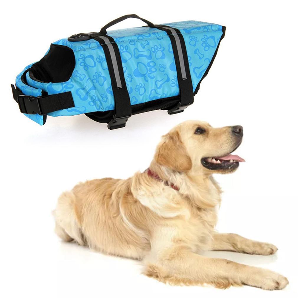 Dog Life Jacket Blue Bone Pattern Reflective Pet Dog Lifesaver Flotation Vest for Boating Swimming M Size