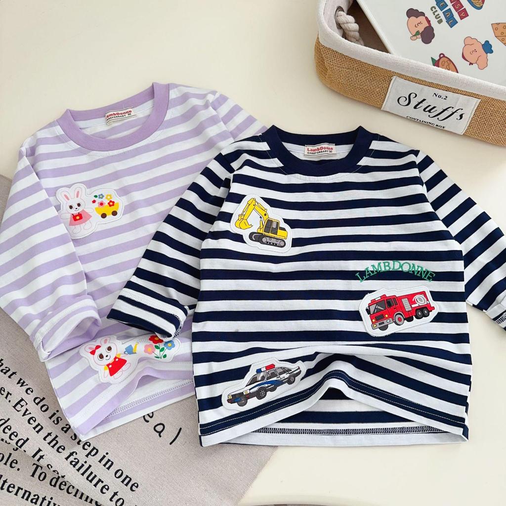 2026 Spring Arrival: Girls' Cartoon Stripe Long Sleeve T-shirt for Small & Medium Kids