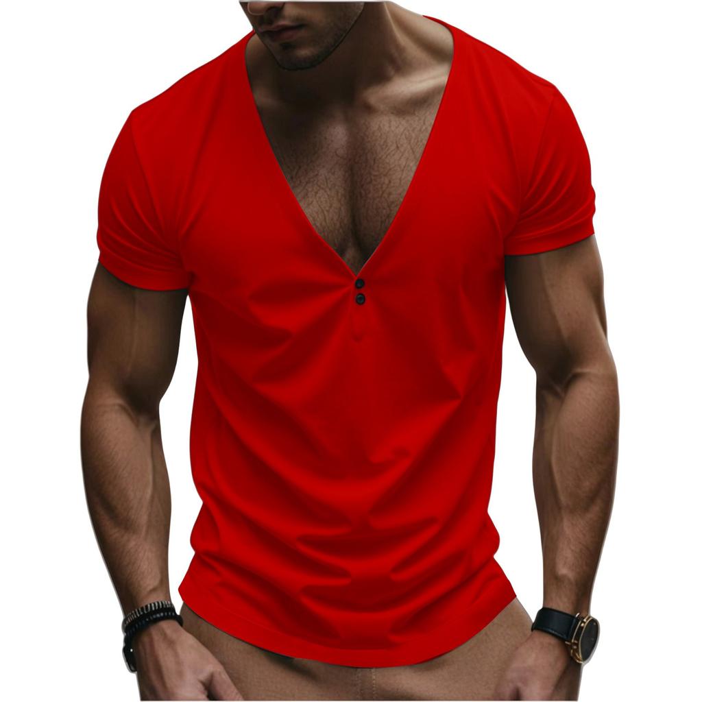 Men's Short Sleeve Button Casual Men's V-neck Color T-shirt