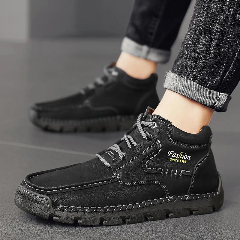 New Mens Ankle Boots High Quality Leather Warm Boots Comfortable Retro Outdoor Boots Lace Up Hiking Sneakers Men Casual Shoes