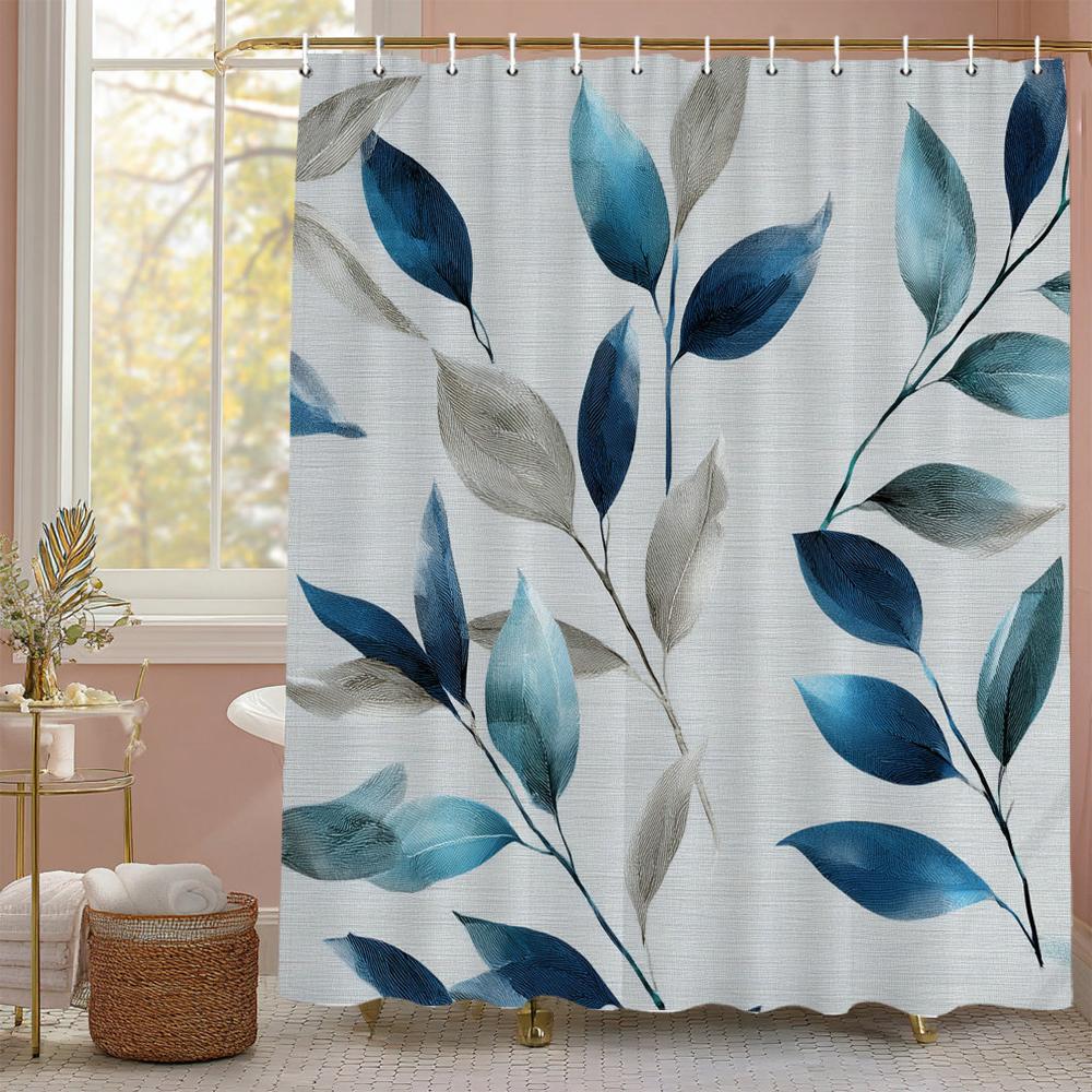 Elegant Blue Botanical Leaf Shower Curtain, Floral Plant Bathroom Decorative Shower Curtain, Waterproof Shower Curtain with Hook