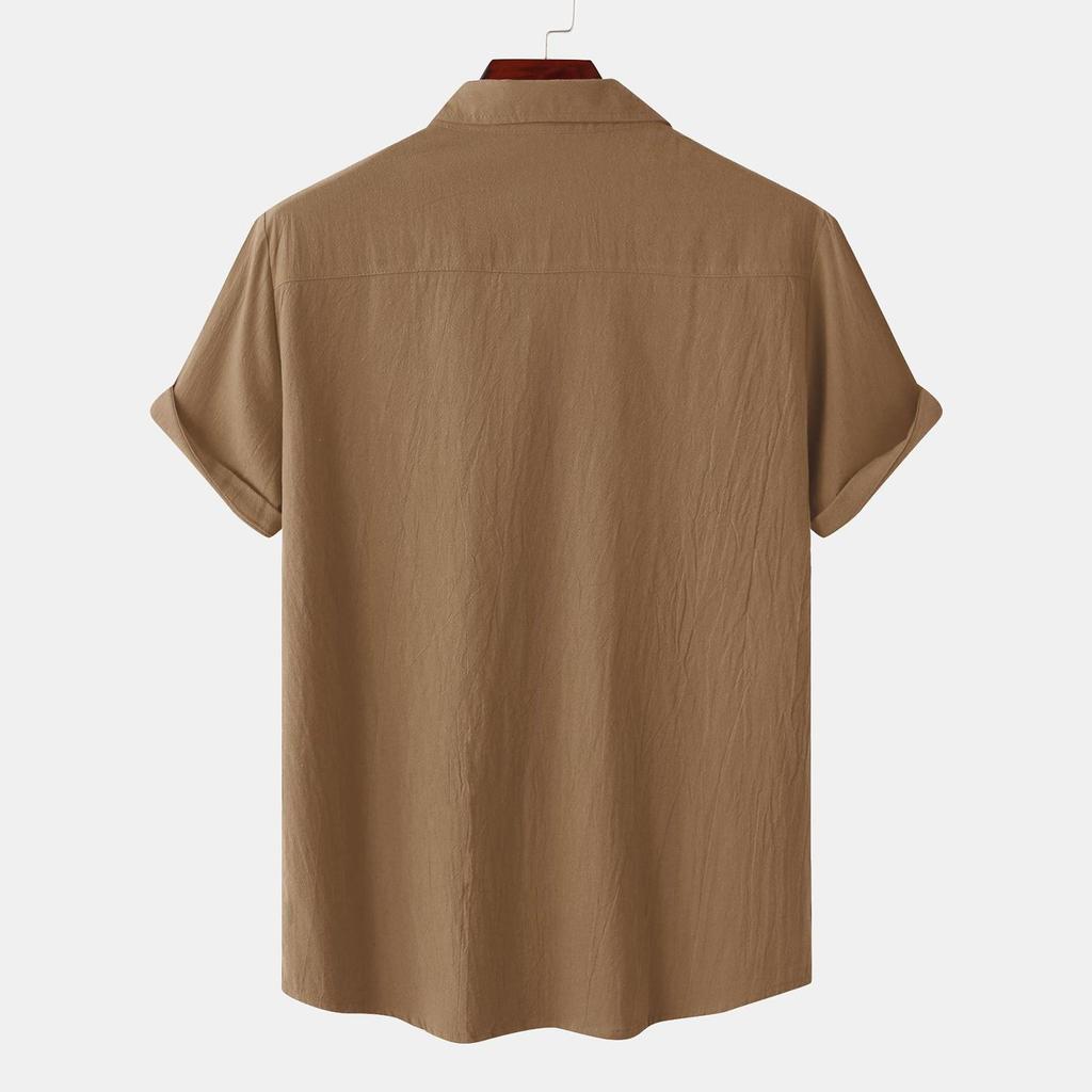 Men's Summer Solid Color Cotton Linen Short Sleeve Shirt Casual Fashion Loose Lapel Shirt