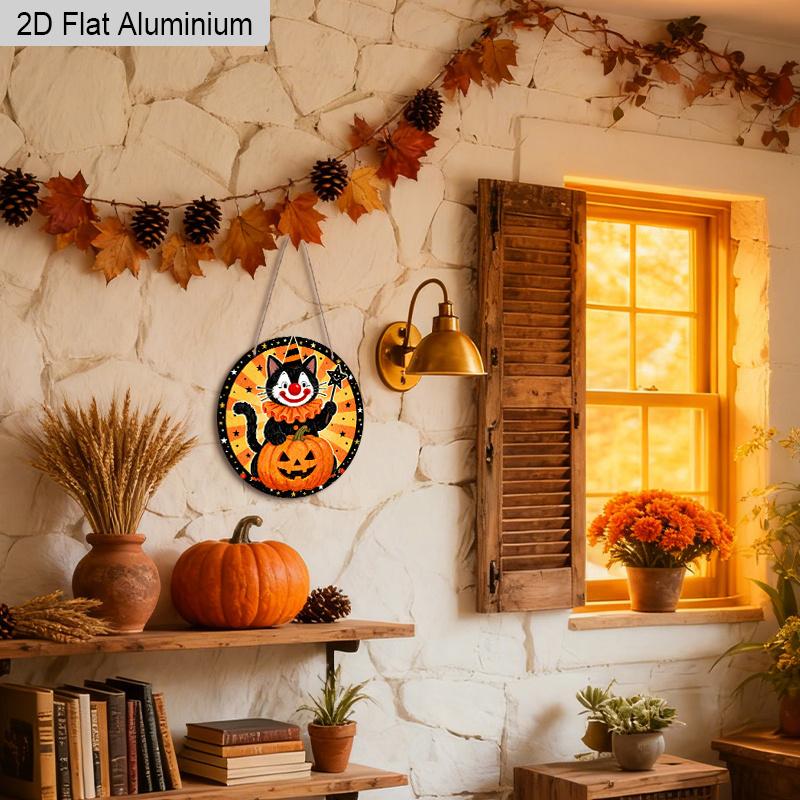 2D Flat Aluminium Halloween Sign with Black Cat & Pumpkin Pattern - Halloween Figurine Ornaments - Ideal for Front Door, Wall, Porch, Fence Decor