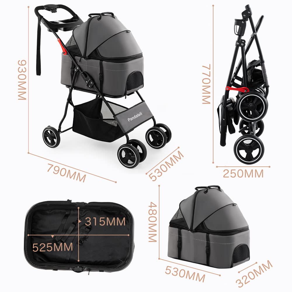 Pandaloli Haustierhund Klein Mittel 4 Kommt mit 2 Vorderrädern Hinterradbremse Leicht zu Belastbarkeit Graue Farbe Wagen, Kinderwagen, Buggy Hunde, Hunde, Katzen,
