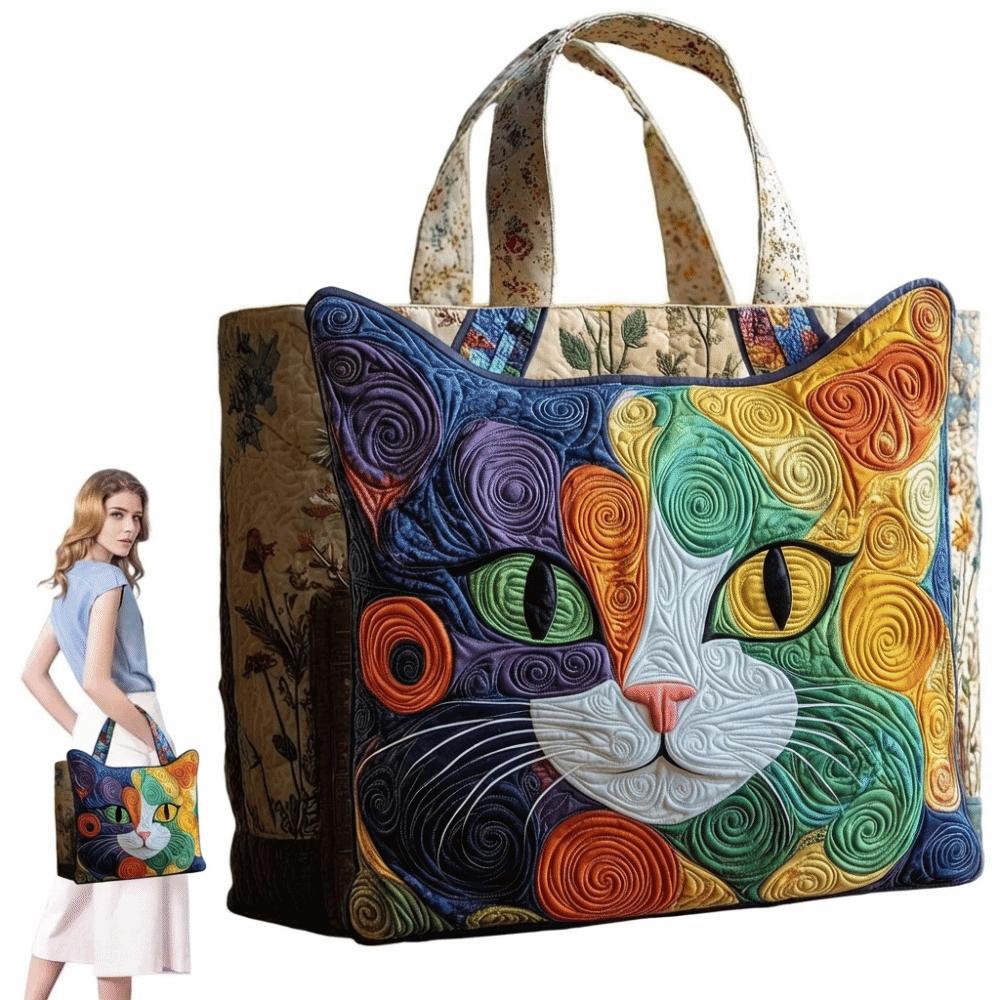Cat Patterns Women Quilted Tote Bag 3D Printed Patterns Lightweight Travel Handbag Cotton Vintage Canvas Shoulder Bag Lady Girl
