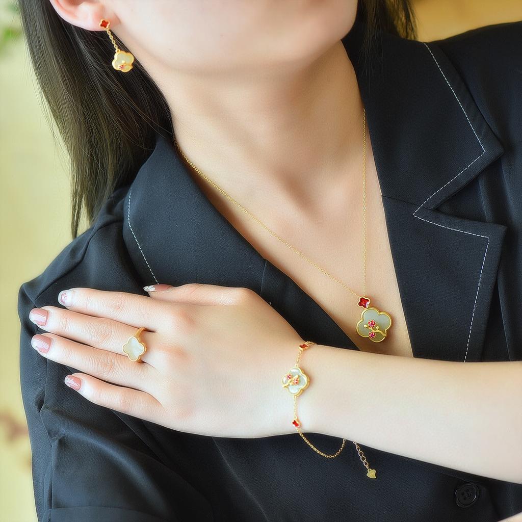 Four-Leaf Clover Earrings, Ancient Style With Hanfu Classical Painted Enamel Imitation Natural Hetian Jade Earrings, Necklace, Bracelet Ring.