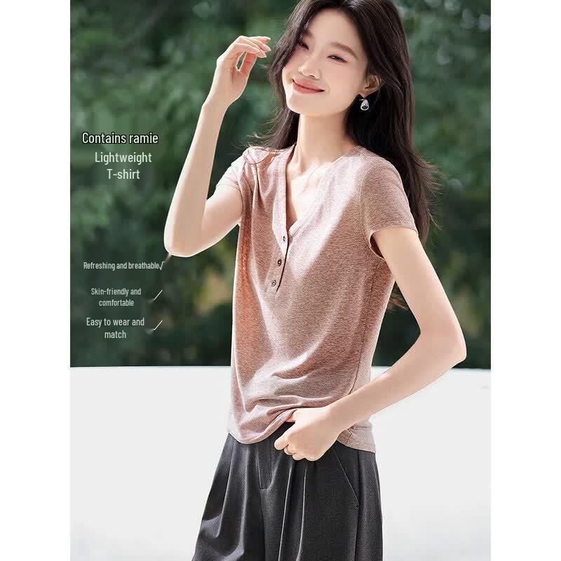 MoHanYiMei Women s V-Neck Slim Fit Short Sleeve T-shirt L