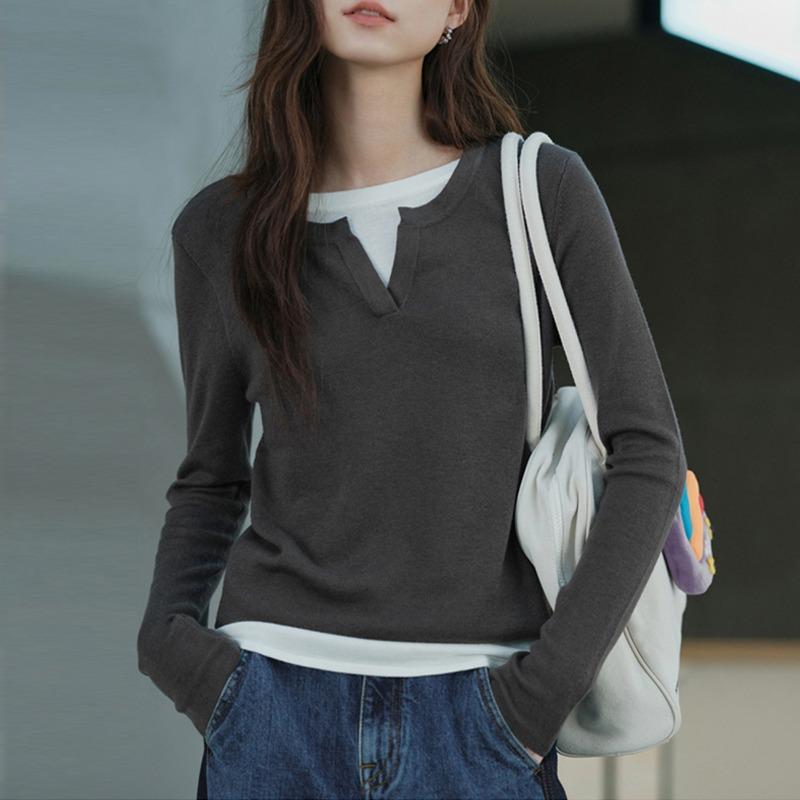 Spring Autumn Round Neck Fake Two Pieces Long Sleeve T-shirt Women Casual Fashion All-match Top Pullover Tee