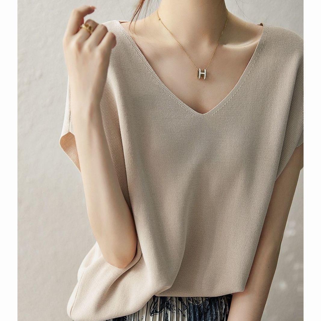 

Женские летние футболки из ледяного шелка, повседневные, с V-образным вырезом, с коротким рукавом, с рукавом «летучая мышь», тонкие, удобные, свободные футболки для женщин XXL абрикосовый