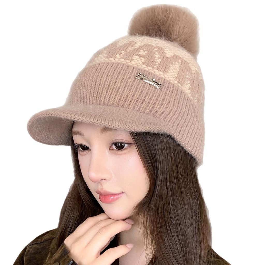 Duck tongue wool hat women's autumn and winter thickened warm ear protection hairball hat shopping cycling cold-proof knitted hat