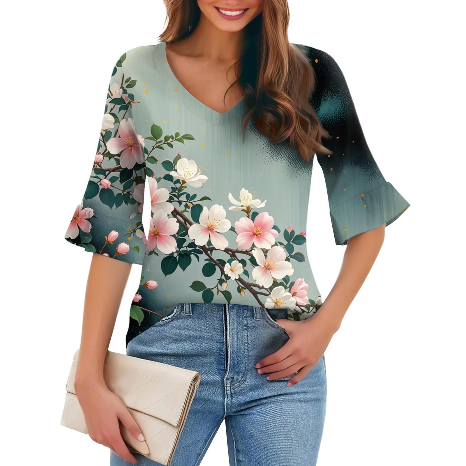 

Женская повседневная модная футболка с V-образным вырезом, свободная, для поездок на работу, с цветочным принтом и рукавами-пятью точками XXXL